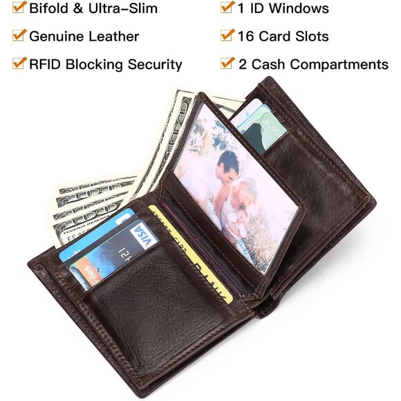 🆕Men's Coffee Leather RFID Bifold Wallet Large Capacity Credit Card Holder - Picture 5 of 6